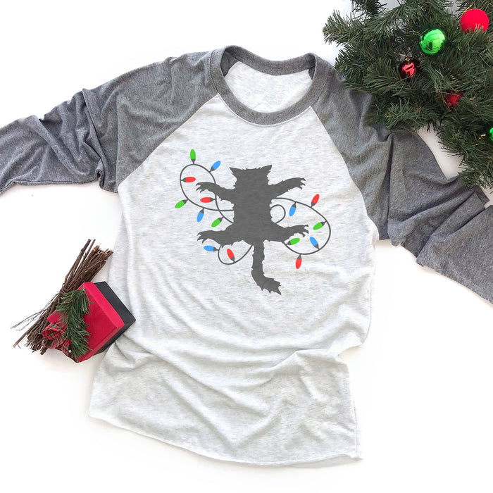 Cat with Christmas Lights Raglan Tee