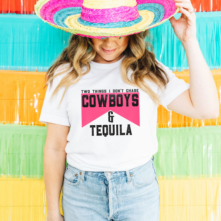 Two Things I Don't Chase Cowboys & Tequila (PINK) Premium Unisex T-Shirt