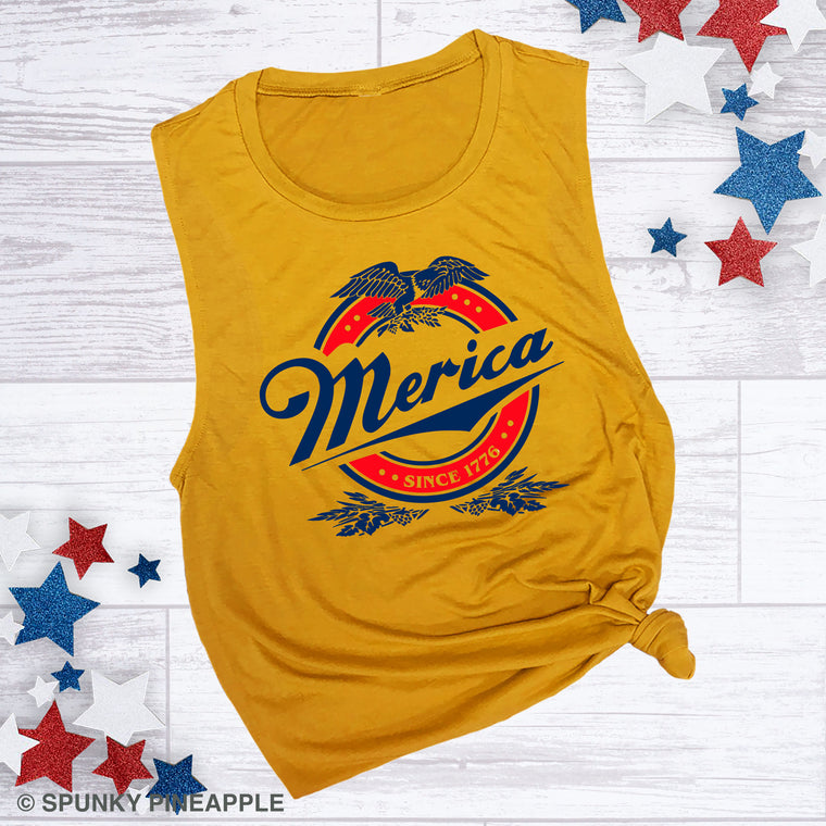 Merica with Eagle Beer Label Muscle Tee