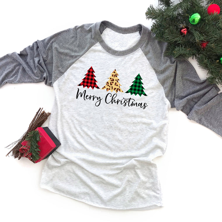 Merry Christmas (3 Trees) Tree Raglan Tee